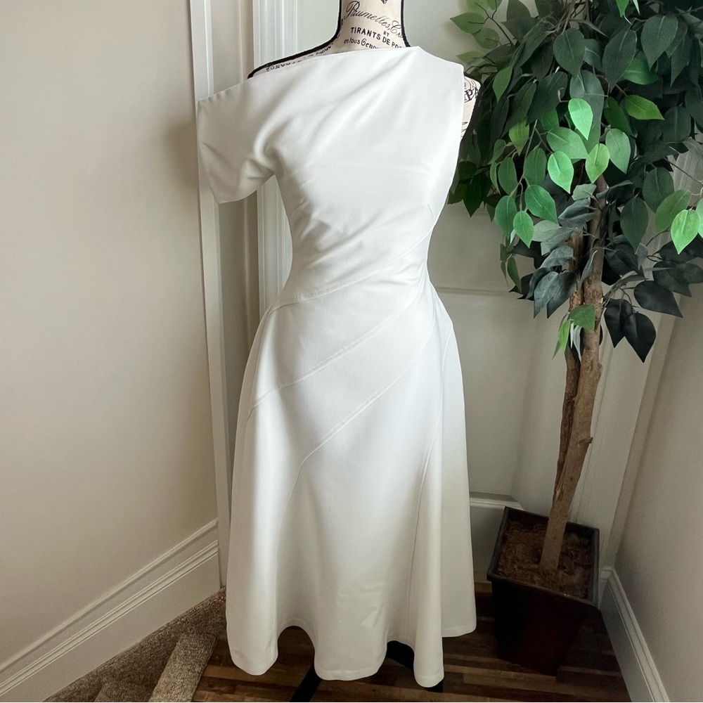 L’Espoir Asymmetrical Neckline Midi Paneled Dress White Sz S